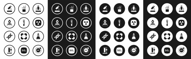 Set Microscope, Test tube, Alcohol or spirit burner, Radioactive, Laboratory glassware, and DNA symbol icon. Vector