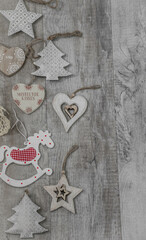 Moscow, Russia, December 2021, New Year card, background, Christmas decor in vintage style on a light wood background