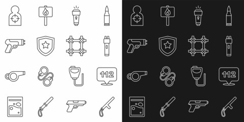 Set line Police rubber baton, Telephone call 112, electric shocker, Flashlight, badge, Human target sport for shooting and Prison window icon. Vector