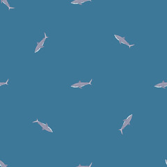 Seamless pattern Tiger shark blue background. Gray texture of marine fish for any purpose.