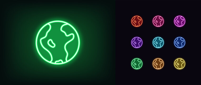 Outline neon world icon. Glowing neon earth sign, globe pictogram in vivid colors