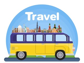 Obraz na płótnie Canvas travel around the world by minibus motor home flat