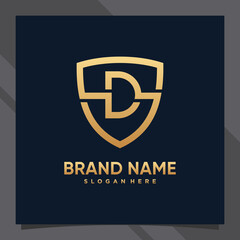 Creative monogram initial letter d with shield concept and golden style color