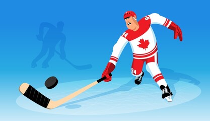 Obraz premium Canadian ice hockey player runs for the puck. Hockey player striker during the match. Vector cartoon illustration.
