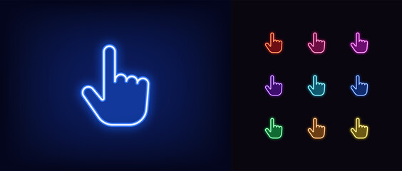Outline neon finger cursor icon. Glowing neon cursor sign, hand pointer pictogram in vivid colors - obrazy, fototapety, plakaty