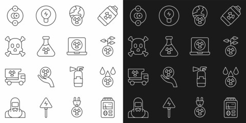 Set line Dosimeter, Acid rain and radioactive cloud, Radioactive, Planet earth radiation, Test tube, Bones skull warning, Atom and Nuclear laptop icon. Vector