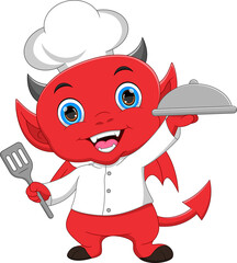cartoon chef little devil carrying a tray of food