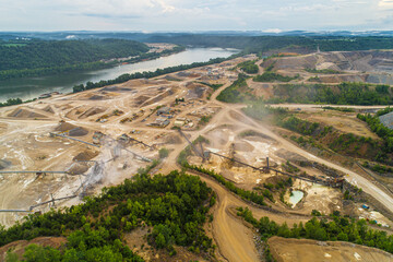 Fototapeta na wymiar Massive Aggregate Quarry Aerial Ohio River Valley - Mining Equipment - Landscape