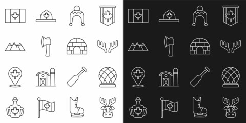 Set line Deer head with antlers, Montreal Biosphere, Winter hat, Wooden axe, Mountains, Flag of Canada and Igloo ice house icon. Vector