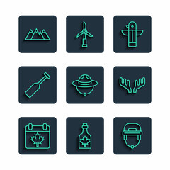 Set line Canada day with maple leaf, Bottle of syrup, Hockey helmet, Canadian totem pole, ranger hat, Paddle, Mountains and Deer antlers icon. Vector