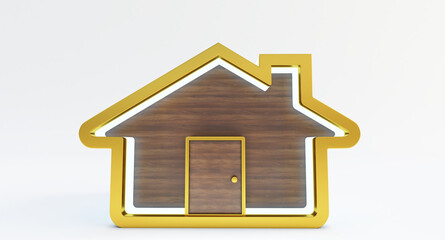 gold and wood house icon isolated on white background. minimal style cute home. 3d rendering