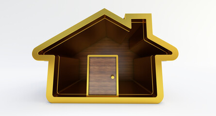 gold and wood house icon isolated on white background. minimal style cute home. 3d rendering