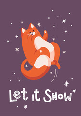 New year greeting card with cute tiger. Cat hunting snow. Chinese new year symbol. Text Let it snow lettering