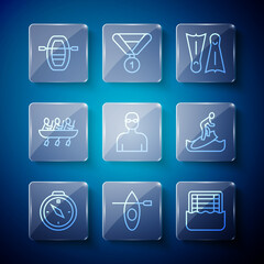 Set line Compass, Kayak and paddle, Water polo, Flippers for swimming, Swimmer, Canoe rowing team sports, Boat with oars and Surfboard icon. Vector