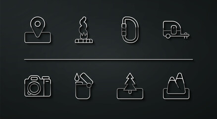 Set line Location for camping, Photo camera, Rv Camping trailer, Tree, Lighter, Campfire, Mountains and Carabiner icon. Vector