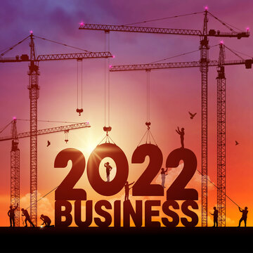 Business in the New Year 2022. Vector illustration business finance background. 2022 construction site crane building a business text idea concept. Black silhouette illustration design.