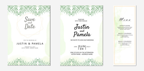 Green watercolor wedding invitation card template set with line decoration. Abstract background save the date, invitation, greeting card, multi-purpose