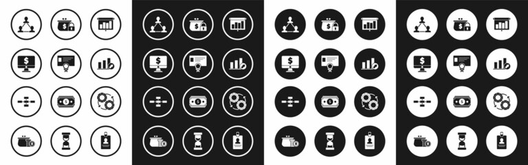 Set Presentation financial board with graph, Project team base, Closed wallet lock, Gear and arrows workflow process concept and Business hierarchy organogram infographics icon. Vector
