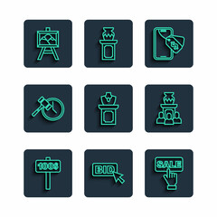 Set line Hand holding auction paddle, Bid, Price tag with Sale, Online, Auction jewelry sale, hammer, painting and ancient vase icon. Vector