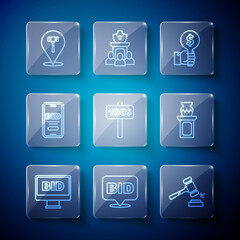 Set line Online auction, Bid, Auction hammer, Hand holding paddle, and ancient vase icon. Vector