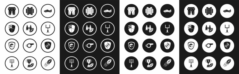 Set Soccer or football shoes with spikes, Binoculars and american, Football club logo template, American shorts, goal post, field, shield and helmet icon. Vector