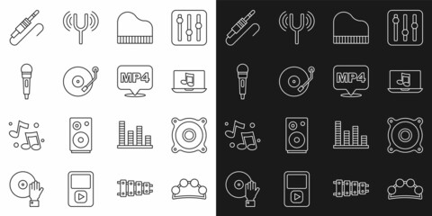 Set line Tambourine, Stereo speaker, Laptop with music, Grand piano, Vinyl player, Microphone, Audio jack and MP4 file document icon. Vector
