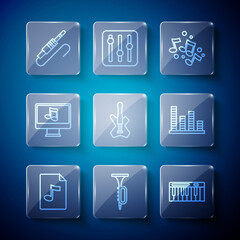 Set line MP3 file document, Trumpet, Music synthesizer, note, tone, Electric bass guitar, Computer with music, Audio jack and equalizer icon. Vector