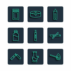 Set line Broken cigarette, Bong, Burning match with fire, Electronic, Vape liquid bottle, Matchbox and matches and No smoking icon. Vector