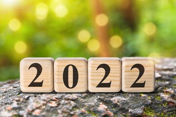 Happy New Year 2022 on wood cube block and nature background