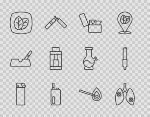 Set line Lighter, Disease lungs, Electronic cigarette, Tobacco leaf, Vape mod device, Burning match with fire and Cigarette icon. Vector
