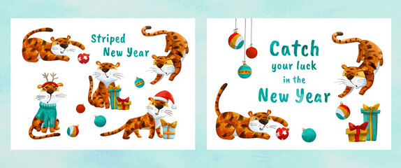 Set of New Year cards with the tiger symbol of 2022.