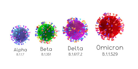 SARS-CoV-2 Covid-19 Coronavirus variants: alpha, beta, delta, omicron - 3D illustration