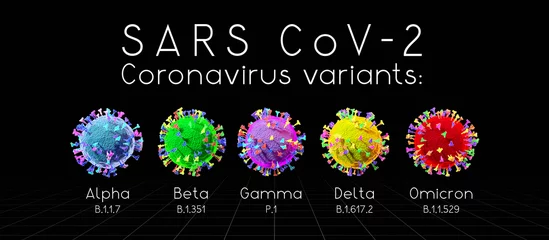 Foto op Aluminium SARS-CoV-2 Covid-19 Coronavirus variants: alpha, beta, gamma, delta, omicron - 3D illustration © PX Media