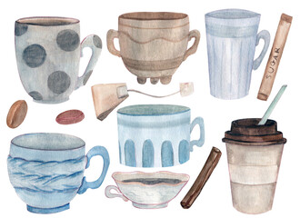 Hand-drawn watercolor cups set