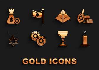 Set Jewish coin, Hanukkah dreidel and, Burning candle candlestick, goblet, Star of David necklace on chain, Egypt pyramids, money bag with star david and Flag Israel icon. Vector