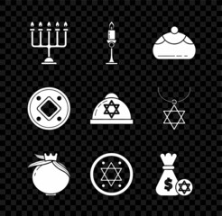 Set Hanukkah menorah, Burning candle in candlestick, Jewish sweet bakery, Pomegranate, coin, money bag with star of david, and kippah icon. Vector