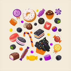 Sweets collection - donuts, cupcakes, lollipops, candies, macaroons, etc. 