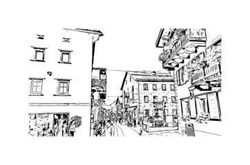 Building view with landmark of Livigno is the 
town in Italy. Hand drawn sketch illustration in vector.