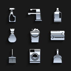 Fototapeta premium Set Bucket with foam and bubbles, Washer, Dustpan, Towel stack, Handle broom, Garbage bag, Plastic bottles for liquid dishwashing liquid and Cleaning spray detergent icon. Vector