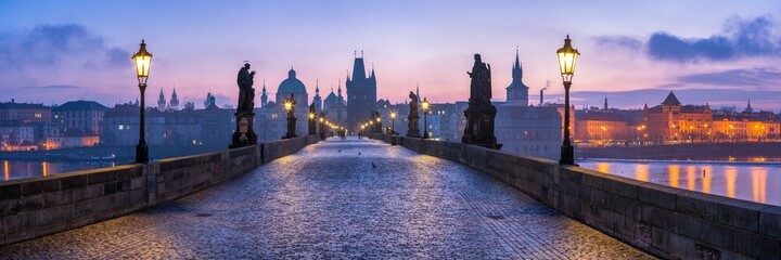 Charles Bridge panorama at night, Prague, Czech Republic