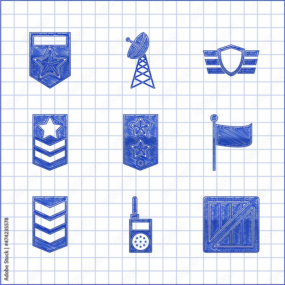 Sticker Set Chevron, Walkie talkie, Military ammunition box, Flag, rank, reward medal and icon. Vector