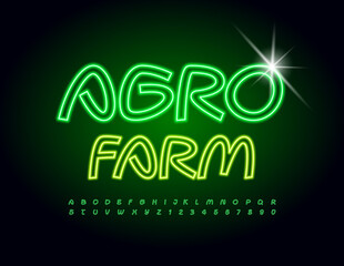 Vector bright Poster Agro Farm.  Glowing Green Font. Handwritten Neon Alphabet Letters and Numbers. 