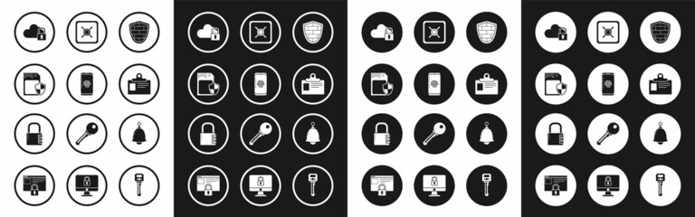 Set Shield with cyber security brick wall, Smartphone fingerprint scanner, SD card and shield, Cloud computing lock, Identification badge, Safe, Ringing bell and combination icon. Vector