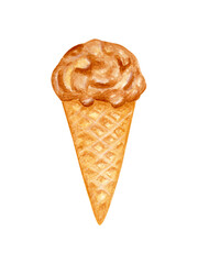 Watercolor ice cream. Creme brulee ice cream in a crispy glass. Ice cream cone. Summer cool dessert.