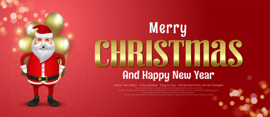 Fototapeta na wymiar Merry christmas and happy new year 2022 banner with an illustration of santa claus carrying a gift box and balloons