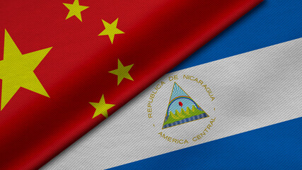 3D Rendering of two flags from China and Republic of Nicaragua together with fabric texture, bilateral relations, peace and conflict between countries, great for background