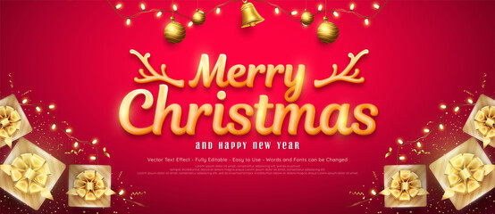 Merry christmas and happy new year greeting with gift boxes and decorative lights