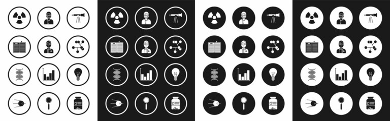Set Telescope, Scientist, Open science book, Radioactive, Molecule, Assistant, Light bulb with concept of idea and DNA symbol icon. Vector