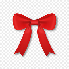 Vector red gift bow on isolated transparent background. Realistic bow png, decorative red bow.