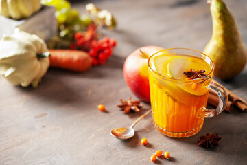 Mulled apple cider or punch. Autumn drink or tea.